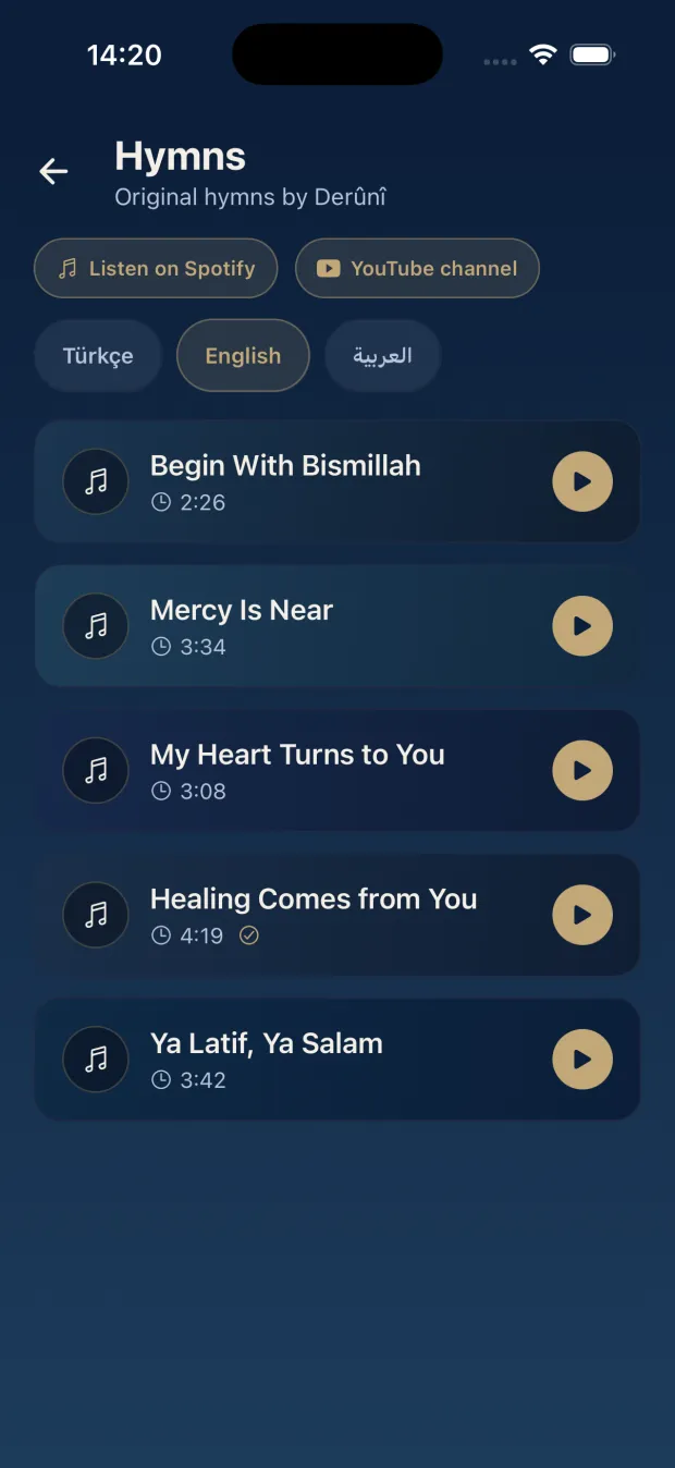 The Deruni Hymns screen: Turkish, English and Arabic tabs with the track list