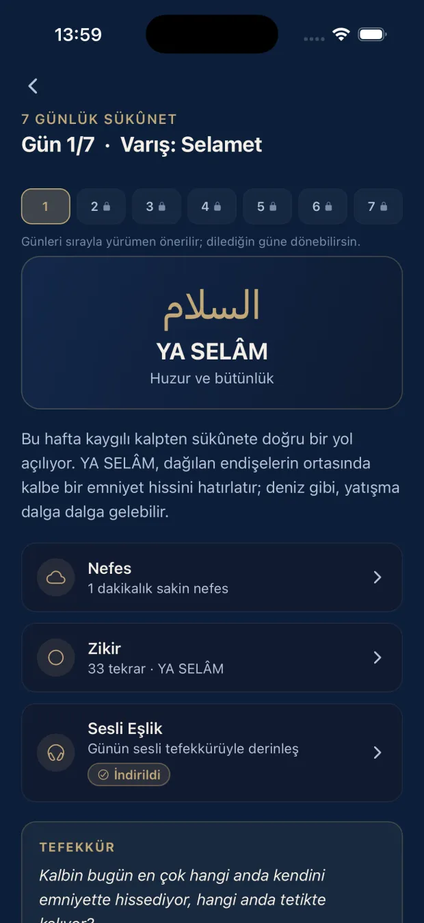 Deruni yolculuk günü ekranı: YA SELÂM, beş adım ve tefekkür sorusu