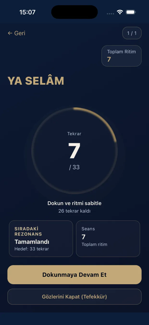 Deruni zikir ekranı: YA SELÂM ve dolan halka