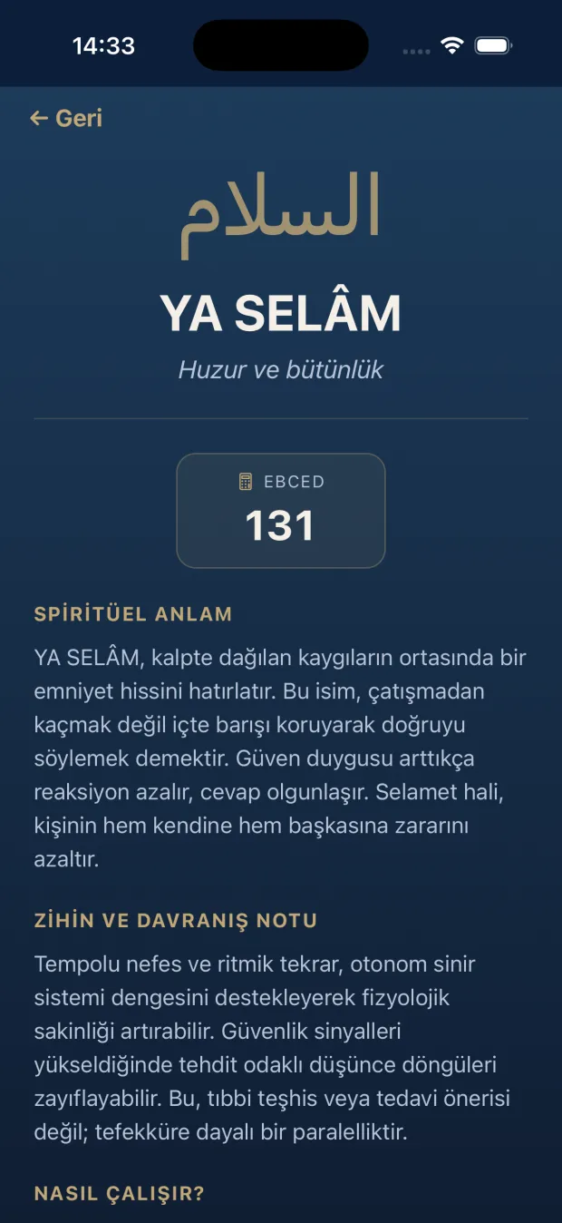 Deruni Esma kartı: YA SELÂM, ebced değeri ve manevi anlam